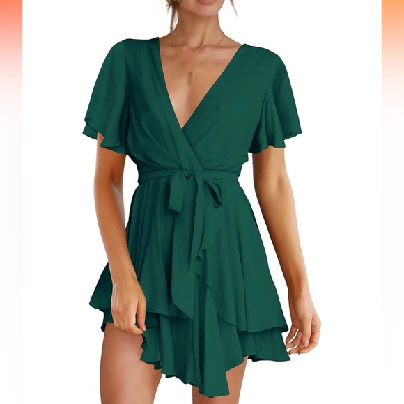 Bonkwa Tiered Ruffle Hem Tie Waist Wrap V Neck Flutter Sleeve Dress Dark Green - Picture 3 of 10
